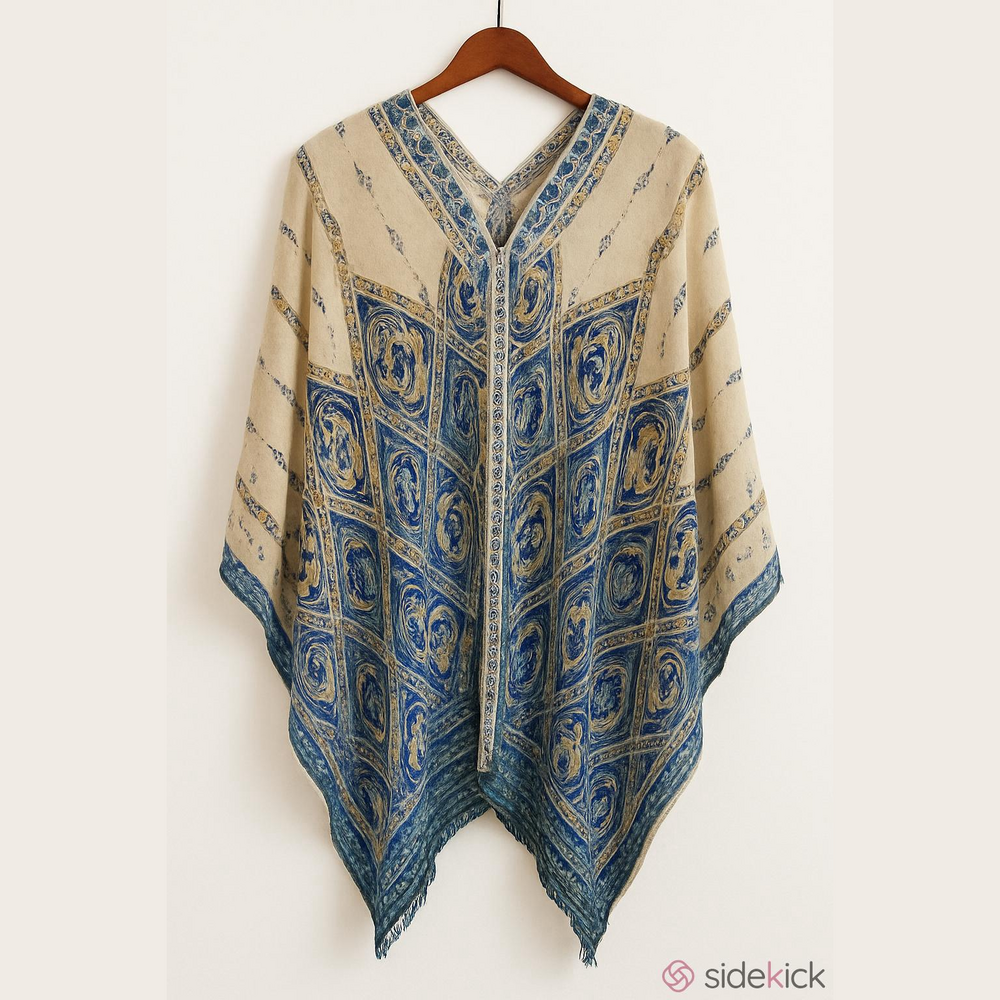 Chico's Blue and Cream Embroidered Poncho Size L/XL